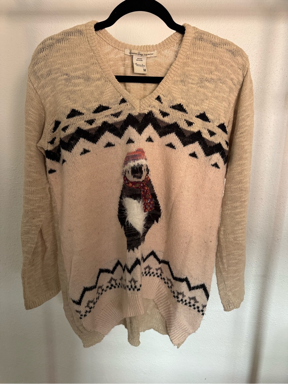 American Rag Cream and Black Knit Sweater with Penguin